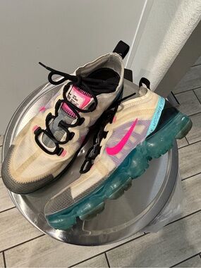 Nike VaporMax Sneakers - Cream Upper with Hot Pink Swoosh & Teal Sole